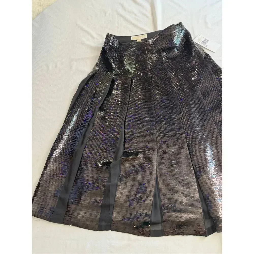 NWT Michael Kors Black Sequin Pleated A Line Cocktail Party Skirt Size 2 New